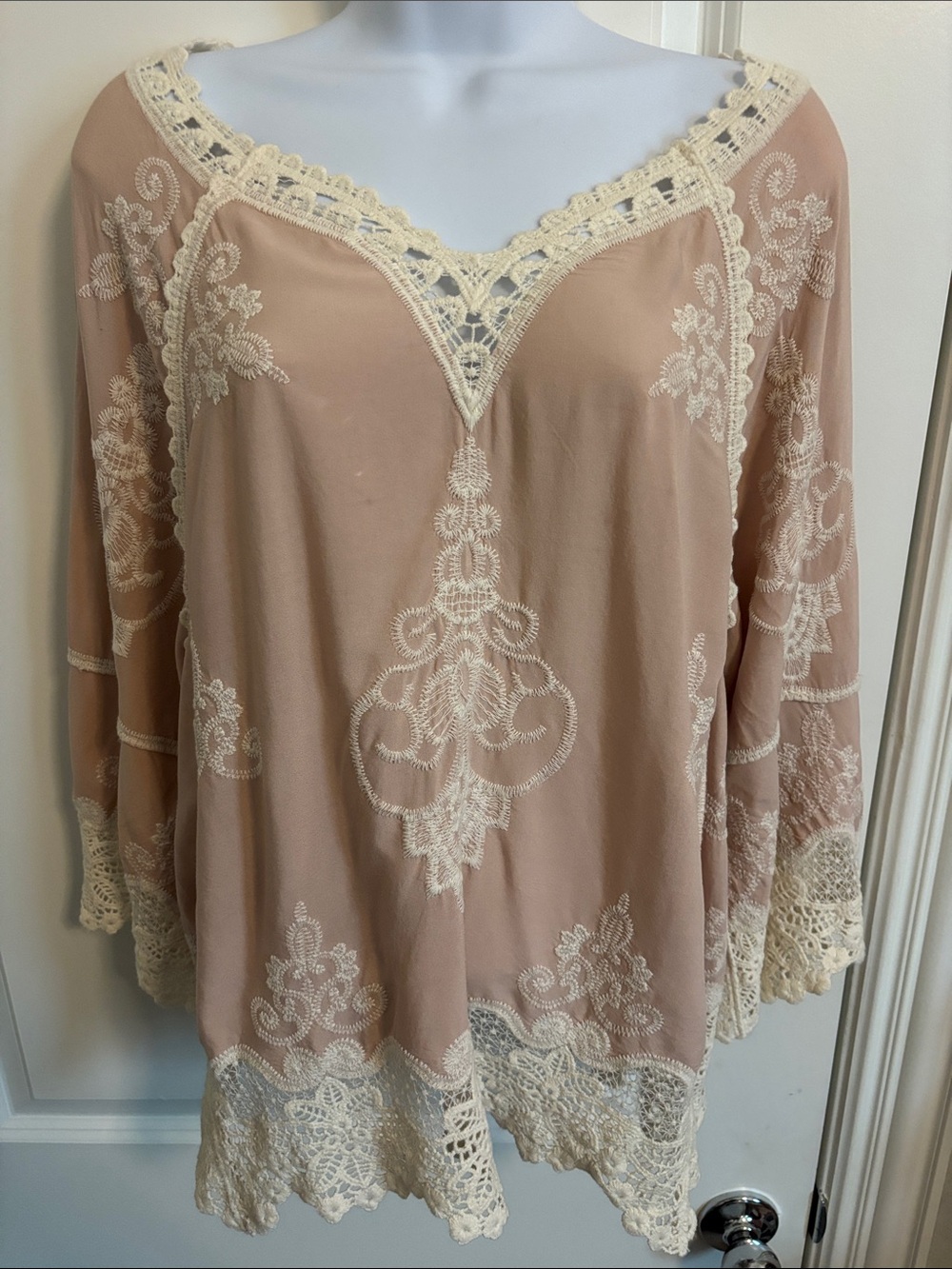Democracy Victorian Delicate Lace-Trim Tunic Blouse in Blush L #157T